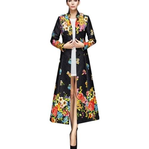 2019 Women Autumn Winter Vintage Print Slim Embroidery Plus Size Cardigan Long coat Chinese National Style Trench Outerwear