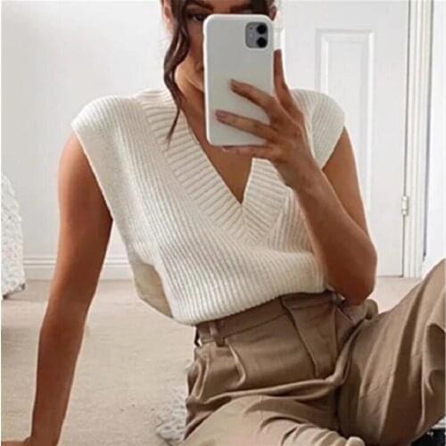 Women V Neck Sleeveless Sweater Vest Knitted 2020 Hot Jumpers Autumn Winter Split White Korean Preppy Pullover Loose Vest Tops