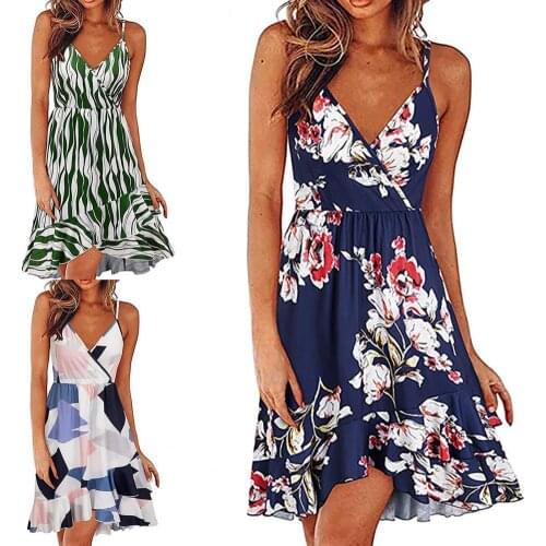 New Summer V Neck Floral Print Party Dress Women Vintage Sleeveless Tanks Mini Dress Spring Loose Plus Size A-Line Dress 2021