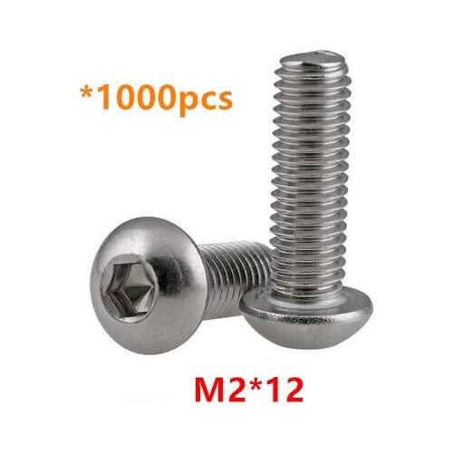 1000pcs M2*12 Hex Socket Button Head Screws A2-70 Stainless steel Round head Mushroom Bolts ISO7380