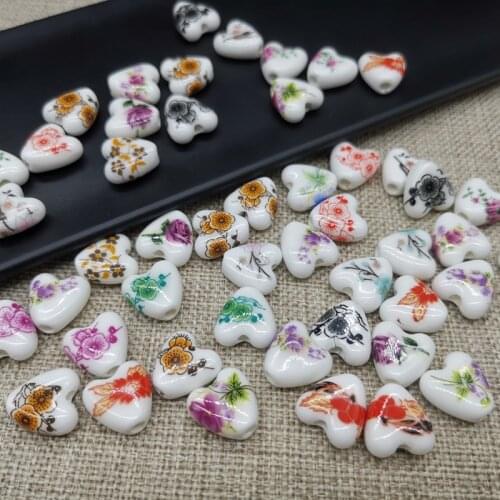 20pcs Mix Color Heart Shape Flower Pattern Ceramic Beads 15x16mm Loose Spacer Ceramics Bead For Jewelry Making DIY Bracelet