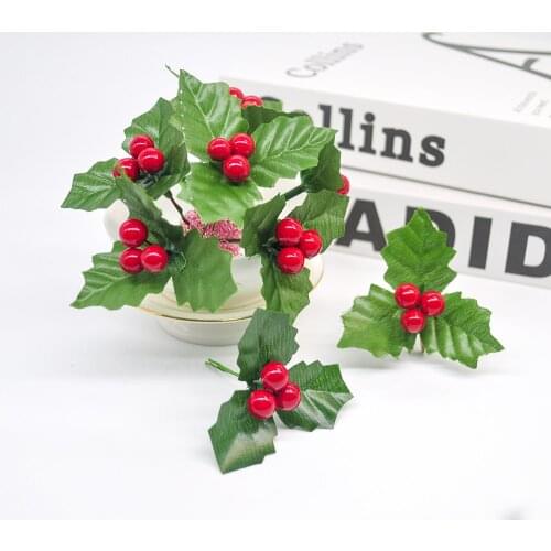 24Pcs Christmas Leaves and Artificial Berry Red Cherries Plants for Decoration Home Decor Flowers Grass Outdoor Garden Plant