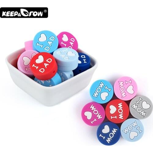 Keep&Grow 5pcs Round Silicone Beads I Love Mom/Dad Baby Teething Beads DIY Pacifier Clips Teething Toys Rodent Baby Teethers