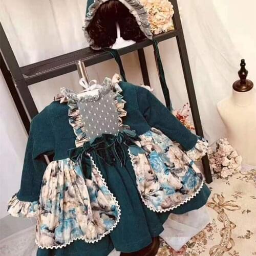 5PCS Winter Spanish Princess Ball Gown Lolita Party Dress Long Sleeve Dress For Bady Girls Emerald Green Flower Corduroy Dress