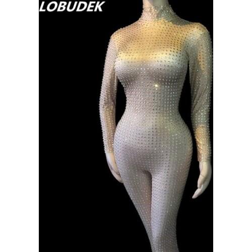 Flashing Silver Rhinestones Jumpsuit Skin Color Crystals Stretch Bodysuit Sexy Nightclub Women Singer Stage Wear Party Costumes