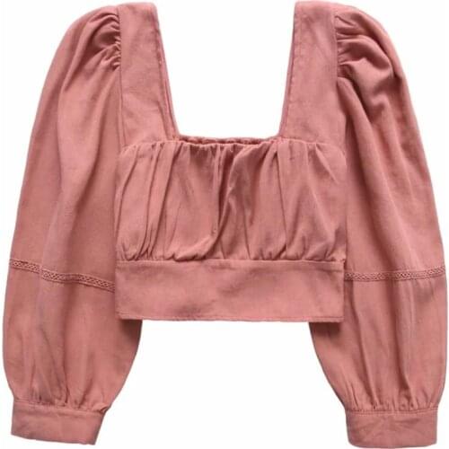 Klacwaya women 2020 fashion slash neck puff sleeve short shirts ladies solid back elastic cropped blouses sweet girls streetwear
