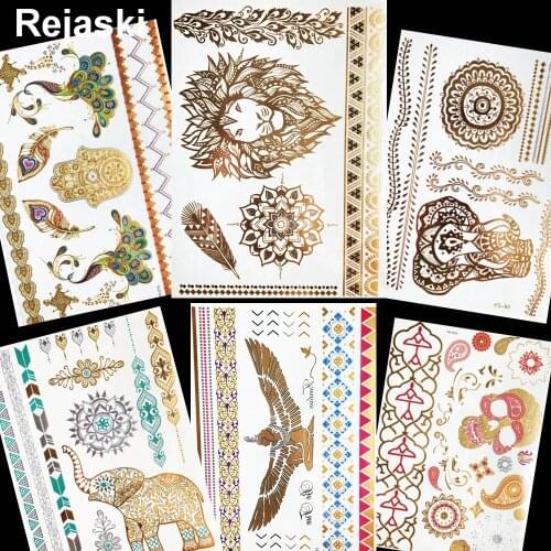 Body Art Lion Feather Gold Metallic Temporary Tattoo Henna Mandala Flower Arm Tattoo Sticker Angel Eagle Women Flash Tatoos Hand