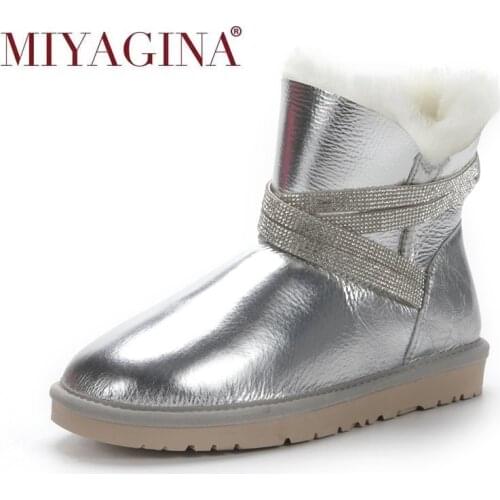 MIYAGINA Waterproof Sheepksin Leather Shearling Wool Fur Lined Short Winter Boots Women Ankle Snow Boots Silver Crystal Strap