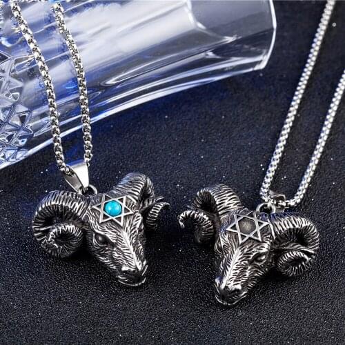 Gothic Satan Skull Pendant Stainless Steel Men Chain Vintage Six Pointed Star Sheep Head Demon Eye Necklace Pendant Jewelry Gift
