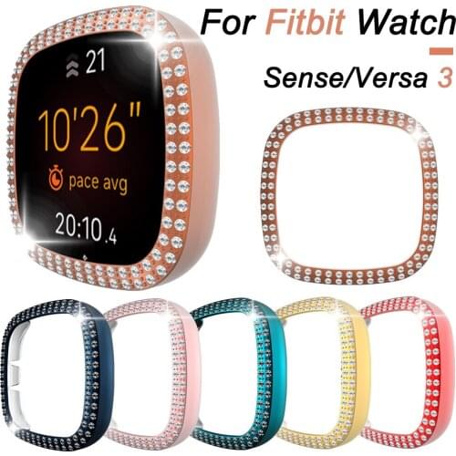 For Fitbit Sense/Versa 3 2 Case Double-row Diamond Bling Cover Plating Hard PC Shockproof Bumper Women Fashion Replaceable Shell