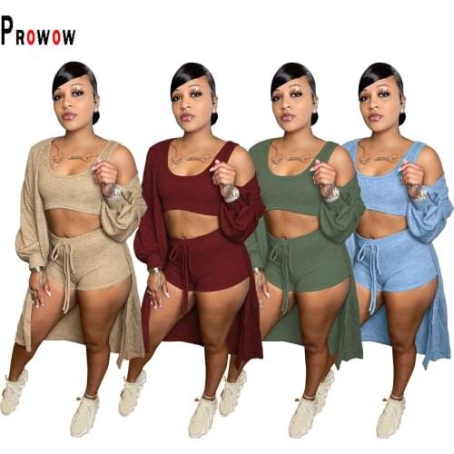 Prowow Women Clothing Set Corset Tops Shorts Cloak Three Piece Matching Suits 2021 New Spring Fall Solid Color Female Outfits