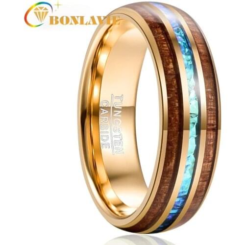 Engagement for Mens Gift 8MM Wide Electroplated Gold Inlaid Acacia + Imitation Opel Dome Tungsten Steel Ring Jewelry
