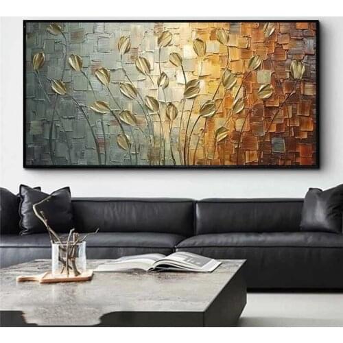 Home Wall Painting Abstract Golden Leaf Flower Oil Painting Nordic Canvas Wall Art Poster Print Living Room Cuadros