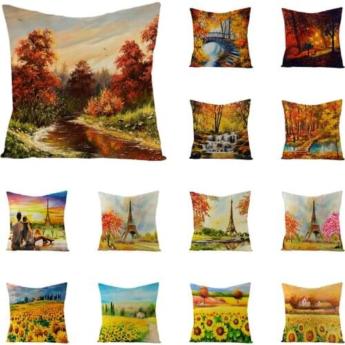 Autumn Decorative Cushion Cover Maple Leaf Sunflower Print Pillow Case Office Sofa Home Decor Retro Throw Pillows Cover 45x45cm