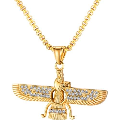 Punk hip hop Zircon gold color wing pendant necklace men vintage stainless steel religious jewelry accesorios gift