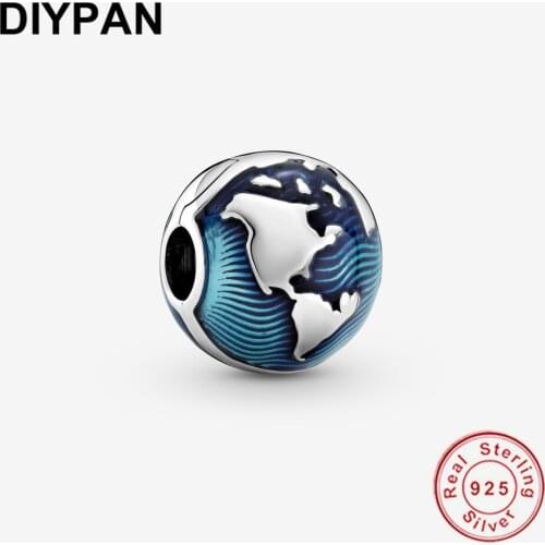 Fit Original Pandora Bracelet Charms 925 Sterling Silver Blue Globe Clip Charm Bead DIY Jewelry Berloque