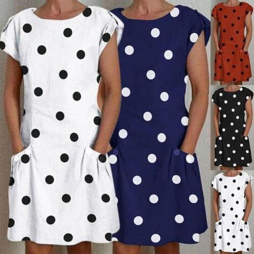 Hot Womens Popular Polka Dot Dress Short Sleeve Pocket Midi Dress Multicolor Casual Ladies Work Office Party Dress Crew Neck