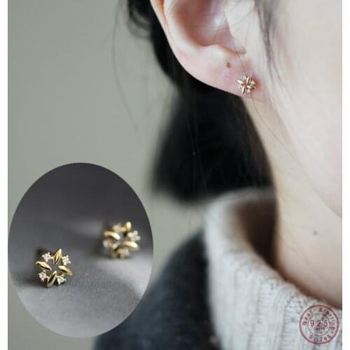 925 Sterling Silver Plating 14k Gold Simple Inlaid Crystal Windmill Earrings Women Exquisite Sweet Student Jewelry Accessories