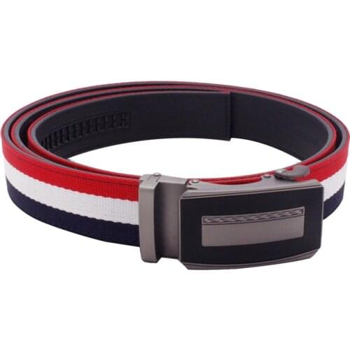 Mens Comfort Click Big Size Casual Striped Cloth Fabric Canvas Auotomatic Leather Ratchet Belt Strap Red White Blue Mixed Color