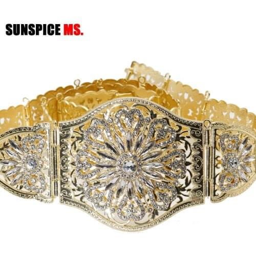 SUNSPICE-MS Elegant Morocco Crystal Caftan Belt Gold Color Metal Rhinestones Waist Chain For Women Wedding Dress Body Jewelry