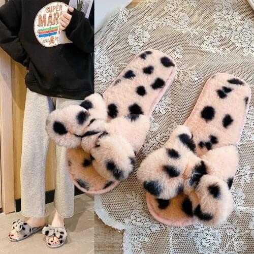 Warm Fluffy Slippers Women Faux Fur Cross Indoor Floor Slides Flat Soft Furry Shoes Ladies Female Non Slip House Shoes Whosale