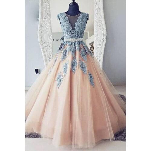 Evening Dresses V-neck Blue Lace Ball Gown Long Champagne Tulle Cap Sleeves with Beading Rhinestone Belt Custom made size /color