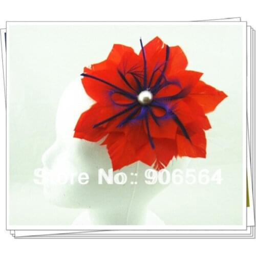 Red Flower Hair Clip Derby Kentucky Feather Fascinator Hats Bridal Wedding Hair Accessories Childrens Party Headwear RMSF090