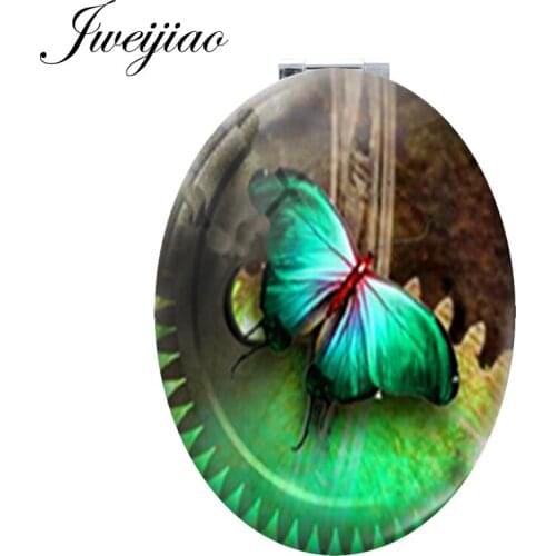 Youhaken green clock beautiful Butterfly PU leahter espejo de maquillaje spring Insect DIY photo Oval Hand Mirror for boys JS101