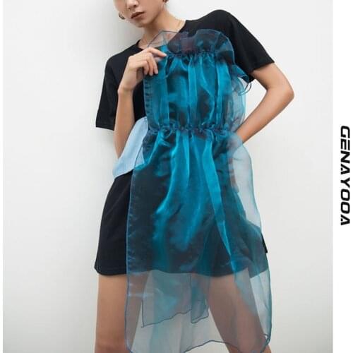 Genayooa Streetwear Patchwork Mesh Womens T Shirt 2021 Summer Short Sleeve T Shirt Women Tops Korean Long Tee Shirt Femme Chic