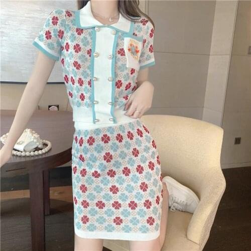 Double breasted two piece sets knitting mini skirt female suits temperament gentle wind small sweet sweet summer flowers