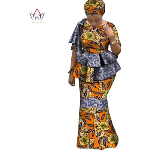 African Short Sleeves Print Tops and Skirt Sets for Women Bazin Riche African Clothing 2 Pieces Skirt Set with Headscarf WY7091