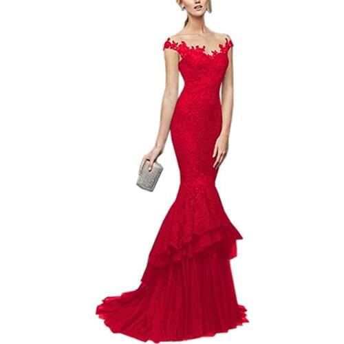 Women Long Tulle Prom Party Dresses Lace Appliques Homecoming Dress for Girls Court Triain Formal Evening Gown Dress