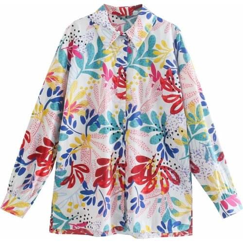 ZA 2021 Print Vintage Shirt Woman Long Sleeve Irregular Shirts Chic Button Up Casual Tops Female Streetwear Loose Autumn Blouse