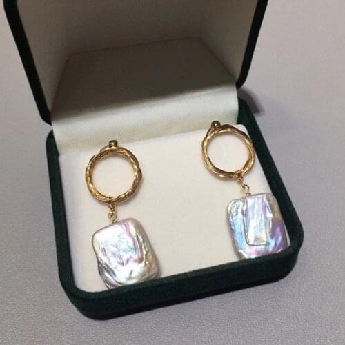 Free shipping designer handmade square shape natural white genuine pearl freshwater cultured gold earring for lady wedding