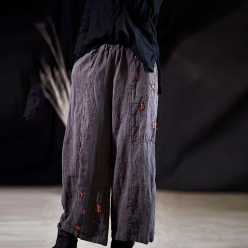 Women Loose Retro Elastic Waist Patchwork Pants Ladies Vintage Handmade Trousers Female 2020 Ramie Linen Trousers Pants Wide leg