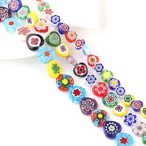 8 10 12mm Heart Millefiori Flower Lampwork Glass Beads Oblate Loose Spacer Beads for Jewelry Making Crafts Beacelet DIY Necklace