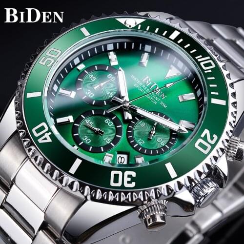BIDEN Green Dial Men Quartz Watch Stainless Steel Waterproof Chronograph Date Luminous Hand Top Brand Luxury Clock Sport Watch