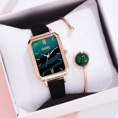 2PCS /Set Fashion Green Square Dial Leather Belt Quartz Clock Ladies Wristwatch Female Elegant Bracelet Watch Set Reloj Mujer