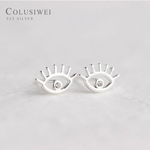 Colusiwei Real 925 Sterling Silver Mysterious Eyes Clear CZ Stud Earrings for Women Eyelash Symbol Silver Earrings Fine Jewelry