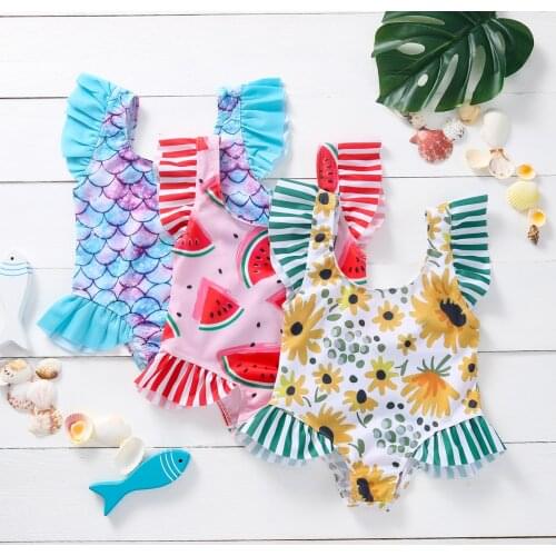 Baby Swimwear For Girls Floral Mermaid Watermelon Print Ruffled Swimwear Swimsuit Beachwear Girl Bikini Купальник Для Девочек