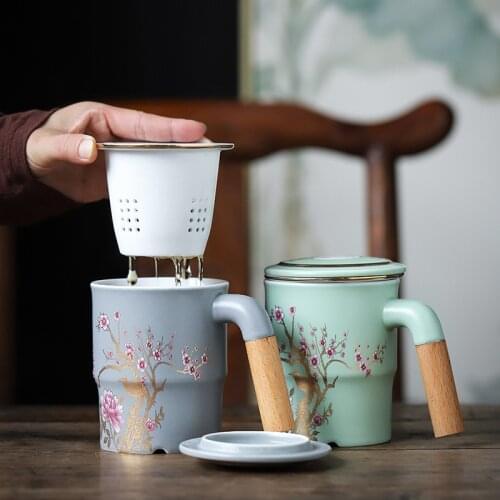 Porcelain Painting Mug with Cover Filter Large Green Tea Cup Office Tea Separation Cup Tea Cup