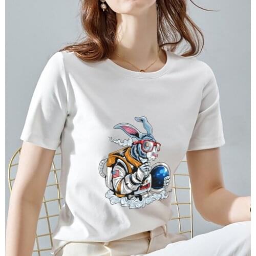 T-shirt Summer Women Wild Round Neck Summer Commuter Space Rabbit Print Ladies Self-cultivation Breathable Comfortable T-shirt