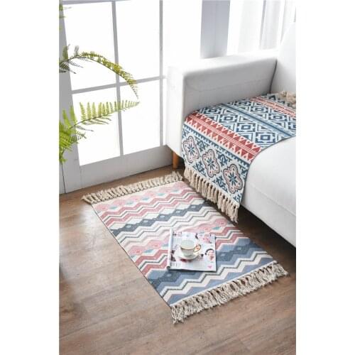 Bohemian Hand Woven Cotton Carpet Tassel Bedside Rug Geometric Floor Mat Living Room Bedroom Home Decoration