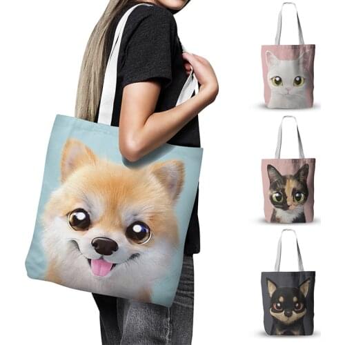 New Animal Pattern Canvas Bag Cute Cat Handbag Women Shopping Bag Korean Simple Tote Bag Reusable Large Capacity Storage Bag