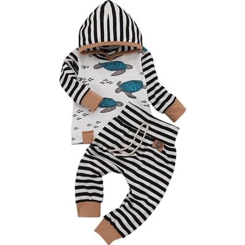 2019 Autumn Newborn Baby Boy Girl Long Sleeve Print Hooded T-shirt Tops Striped Long Pant Trouser 2PCS Baby Clothing Set