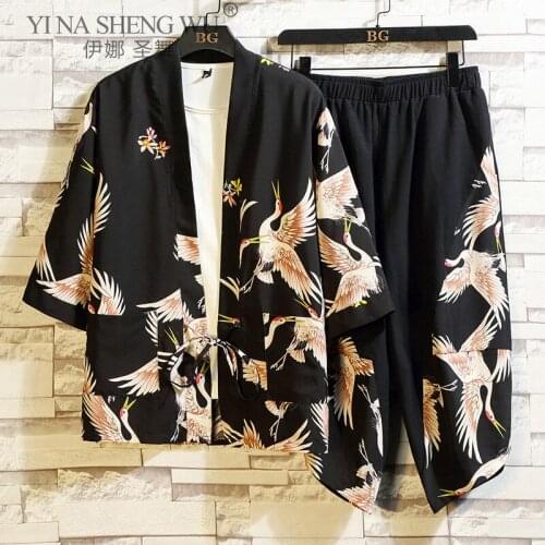 Japanese Style Suits Kimono Tops and Pants Two Piece Men Trousers Male Japan Harajuku Yukata Cardigan Cranes Print Suit Costumes