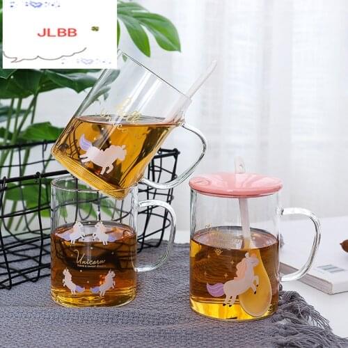 Creative Pink Unicorn Glass Mug with Lid and Spoon Coffee Milk Tea Cup Gift for Girls