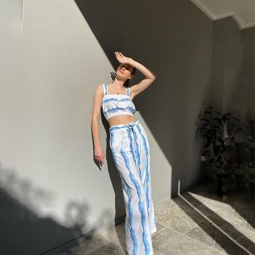 Summer Women Fashion 2-piece Outfit Set Sleeveless Print Crop Top +full Length Pant Set for Ladies Women Party Wear