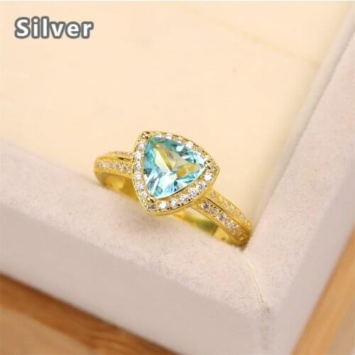 Best selling Europe and the United States S925 silver plated gold wedding ring zircon lady light blue triangle crystal jewelry