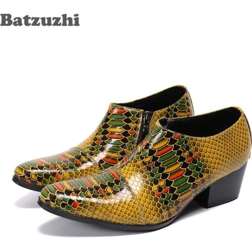 Batzuzhi 6.5cm High Heel Mens Shoes Pointed Toe Golden Mens Ankle Boots Men Zip High Increased Mens Party and Wedding Shoes